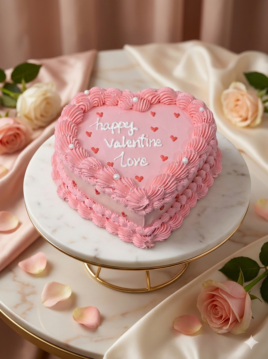 Beautiful heart-shaped Valentine cake with romantic decorations